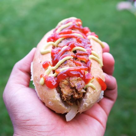Close-up with unfocused background of a vibrant vegan hotdog with a bacground of green gras