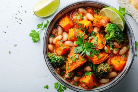 Close-up with unfocused background of a vibrant large blue butterfly gracefully perched on a delicate flower amidst lush green gras