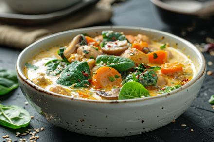 Close-up with unfocused background of a vibrant large blue butterfly gracefully perched on a delicate flower amidst lush green gras